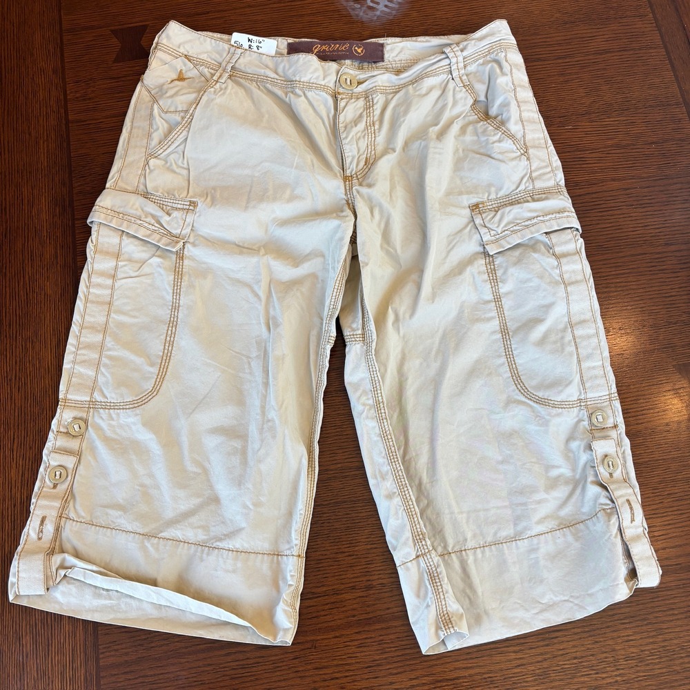 Y2K  Womens Khaki Cargo Capri Pants Tan Cotton Utility Crop Baggy Size 7